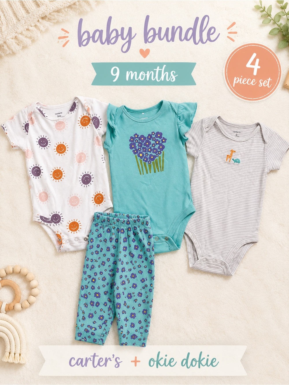 Baby 9M Clothing Lot Carter's Okie Dokie Bodysuits Pants 4 Piece Set